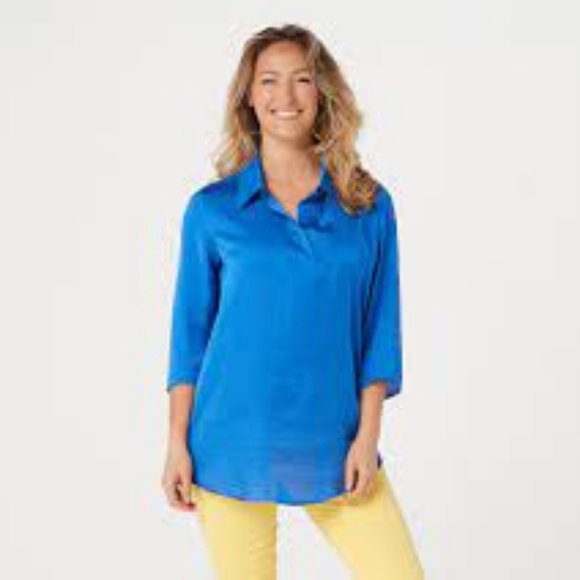 NWT ATTITUDES RENEE WASHED POLY SILK COLLARED SHIRT BLUE QUARTZ 4 - Picture 2 of 12